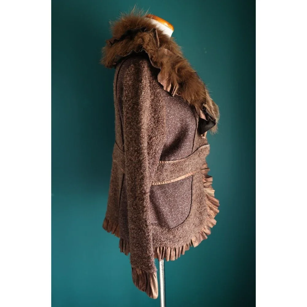 NWT Dolce Cabo Y2K Style Brown Ruffle Wool Jacket Raccoon Fur Fairy Grunge XL